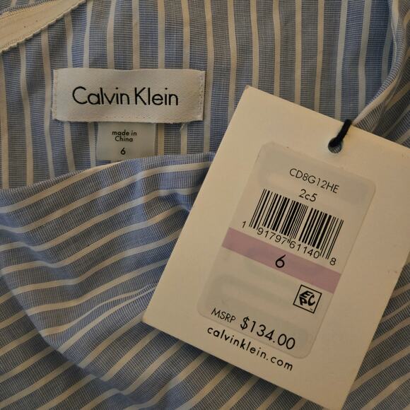 Calvin Klein Preppy Blue White Striped One Shoulder Bow Midi Dress 6 Romantic - Picture 15 of 16